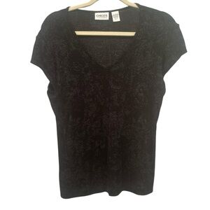 Chico's Travelers Black Cap Sleeve Floral Print Top Stretchy Blouse Neutral Sz S